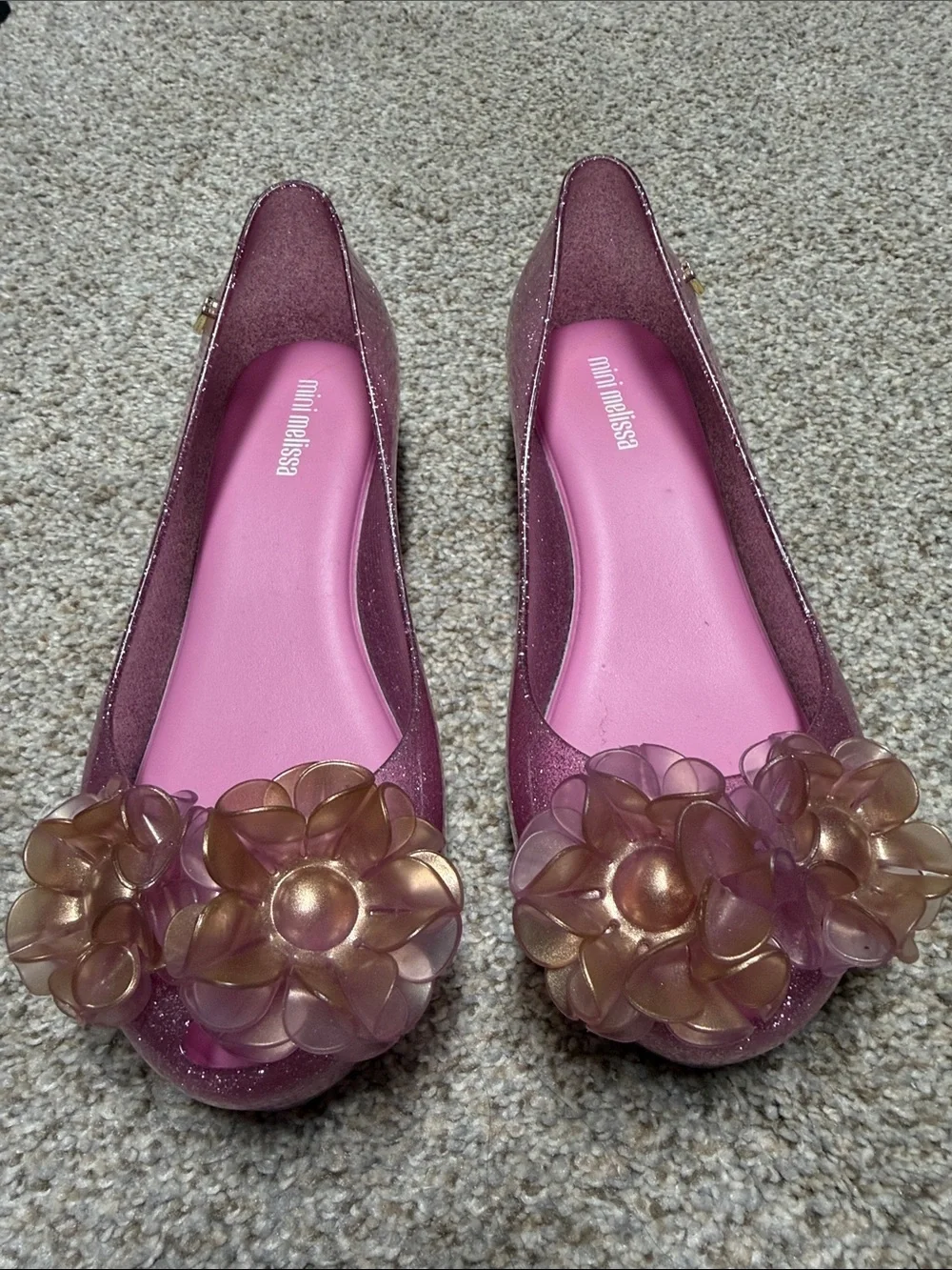 Mini Melissa Glitter Pink Jelly Flats Ballet Slipper Flower Appliqués SZ 1